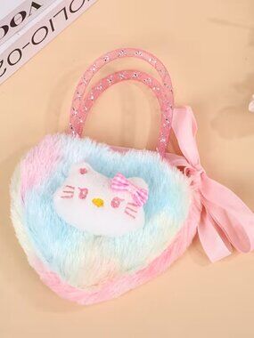 💲3⃣▶▶Pastel Heart Plush Handbag with Hello Kitty Face Applique